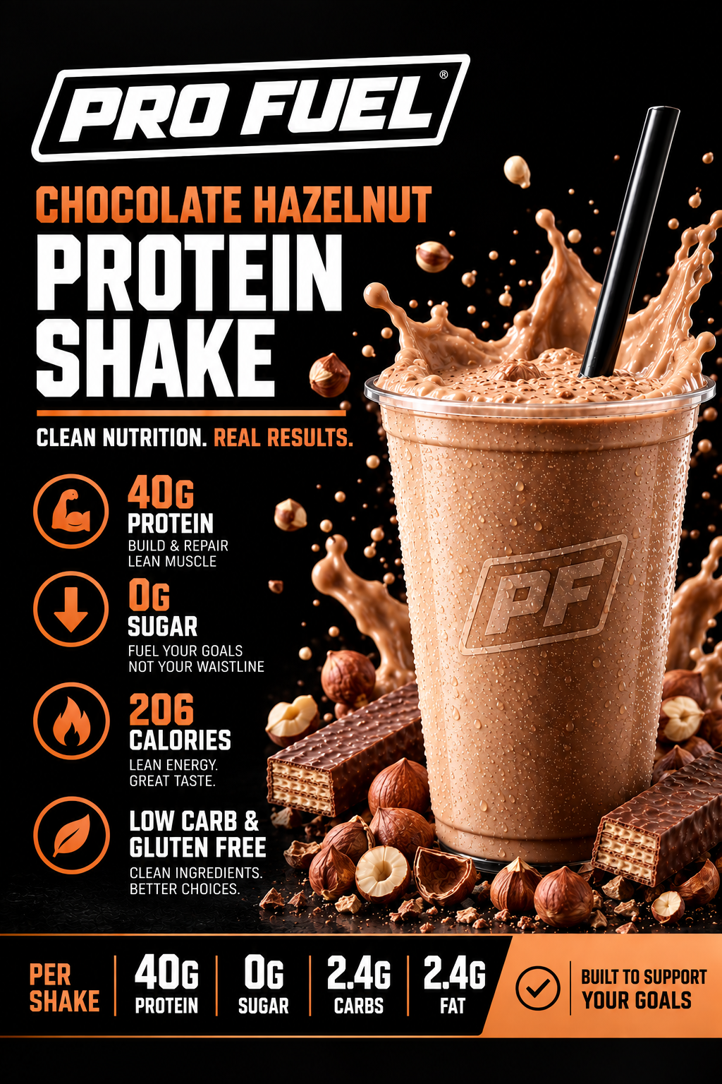Pro Fuel chocolate hazelnut protein shake, 40g protein