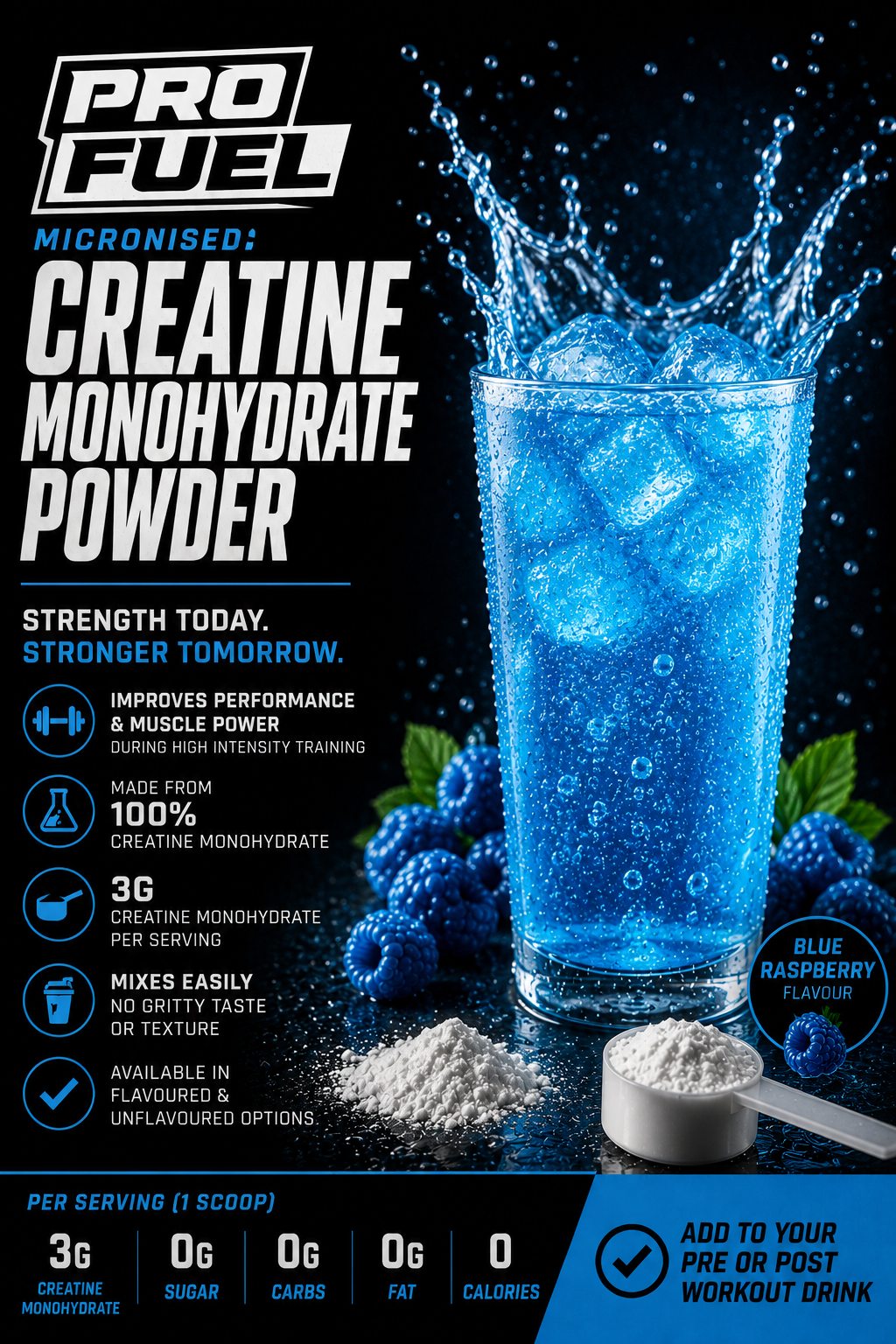Pro Fuel micronised creatine, blue raspberry flavour